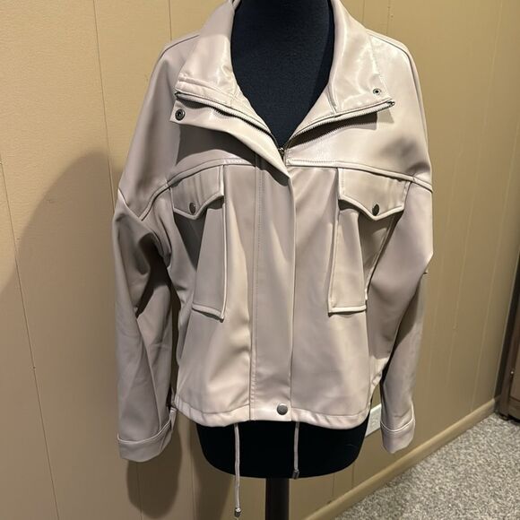 T Tahari light taupe faux leather chest pockets drawstring hem bomber jacket. - Picture 2 of 8